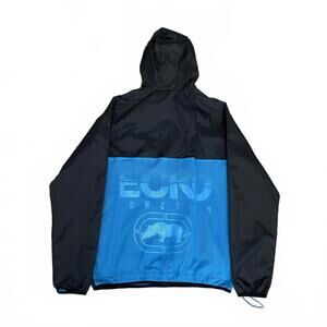 Ecko Untld. Y2K Black & Blue Rhino Logo Nylon Pullover 1/4 Zip Windbreaker Sz XL
